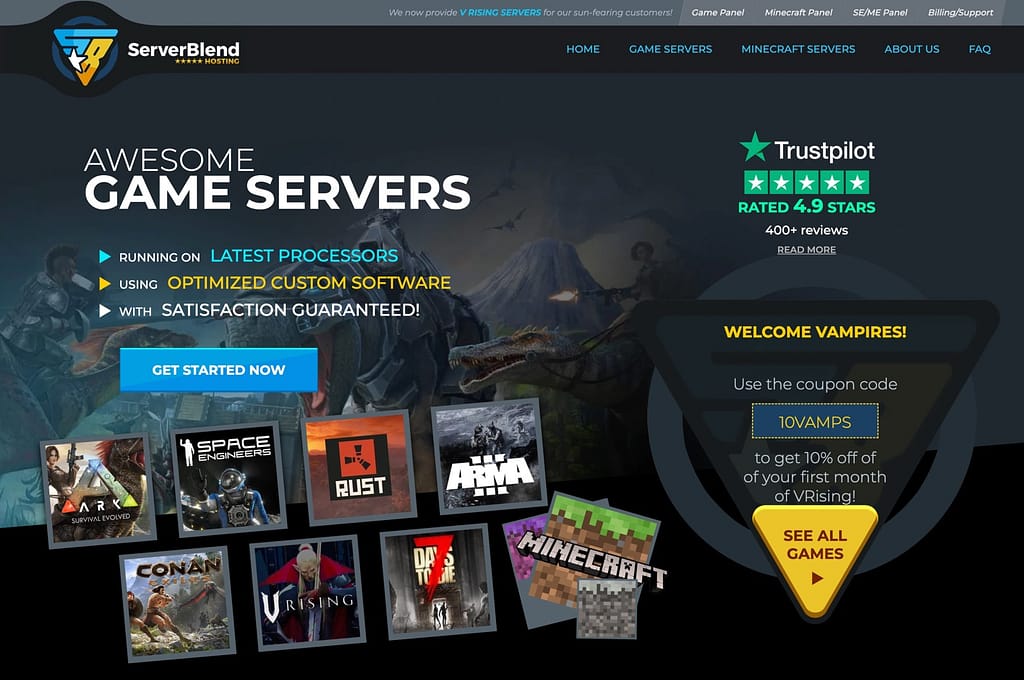ServerBlend homepage which talks about its awesome game servers and has cover art from games like ARK, Space Engineers, and Rust