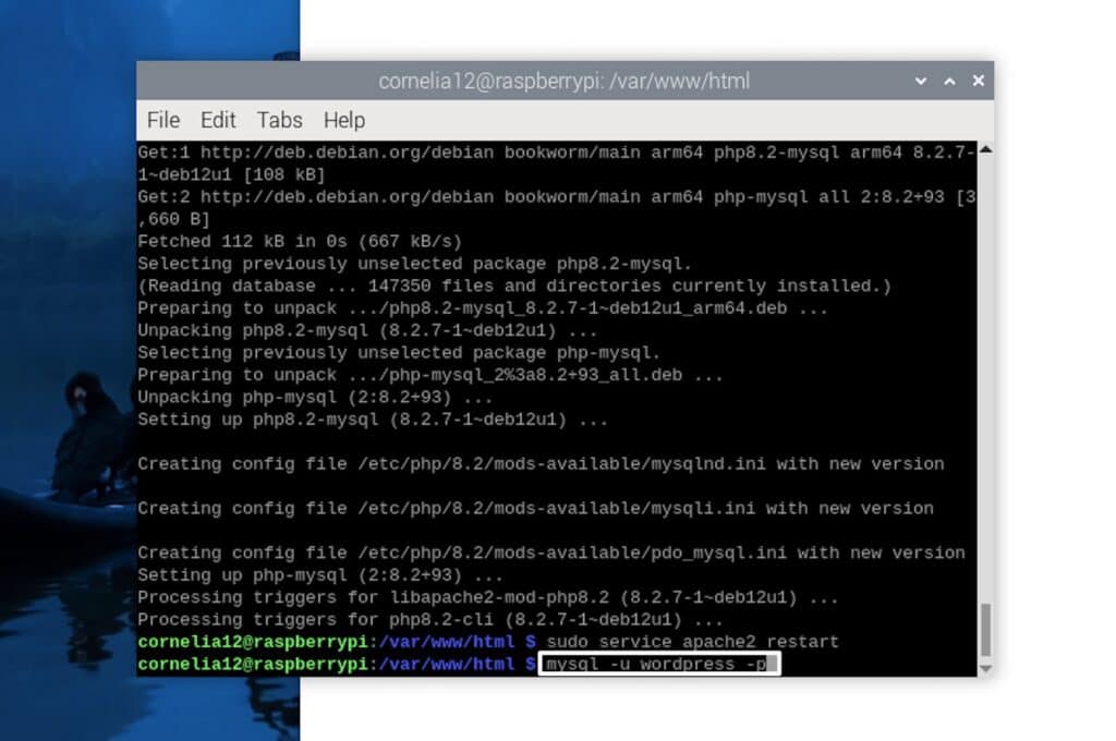 Mysql command to install WordPress on Raspberry Pi.