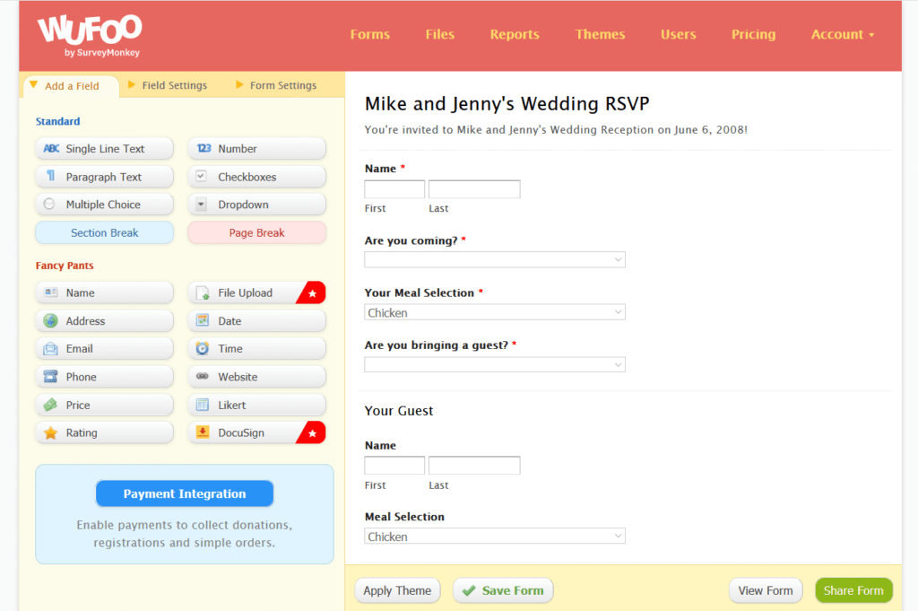 Wufoo Wedding RSVP form