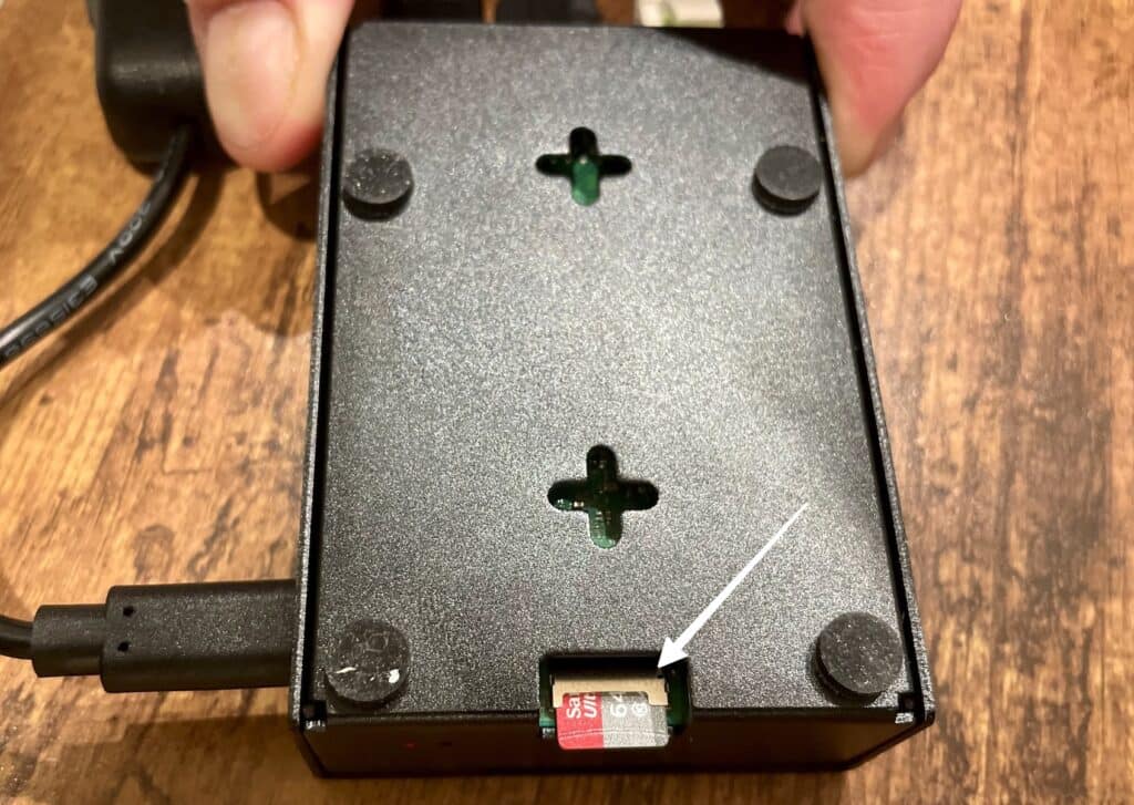 Plug in MicroSD card to Raspberry Pi.