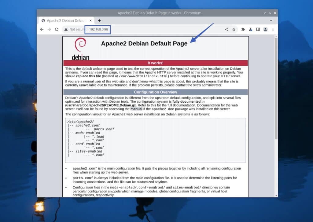 Apache default page test to install WordPress on Raspberry Pi.