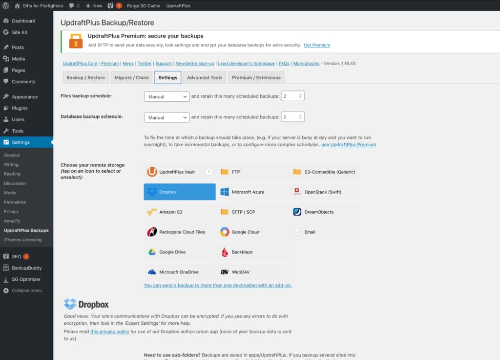 Screenshot of UdraftPlus settings screen, with the Dropbox "remote storage" location selected