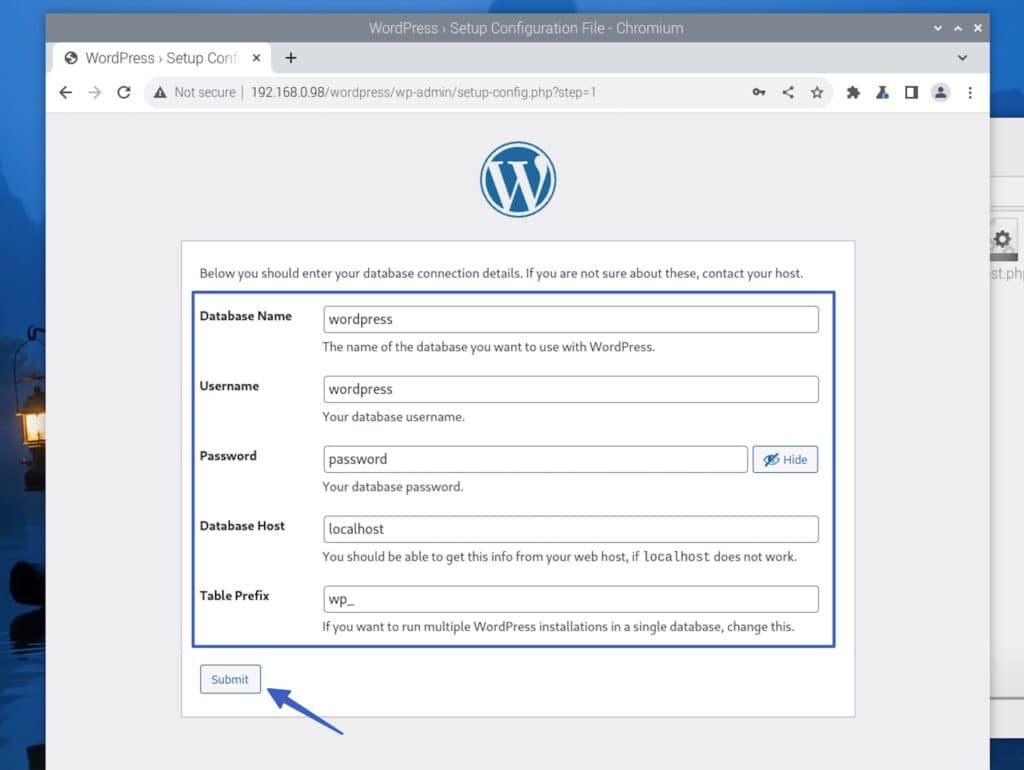 Database name after you install WordPress on Raspberry Pi.