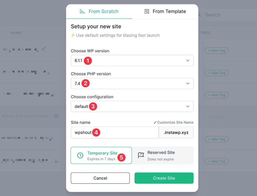 Create a new WordPress site with InstaWP