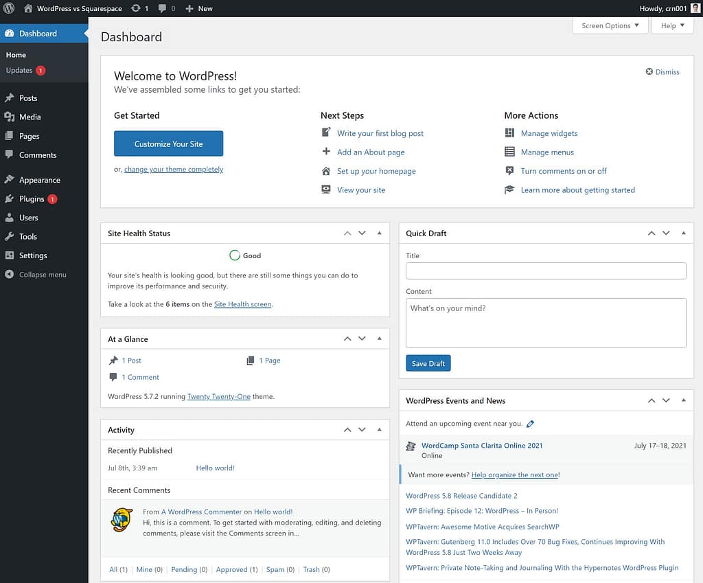 WordPress dashboard