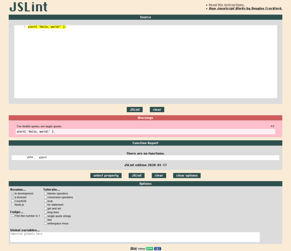 JSLint testing JavaScript code quality