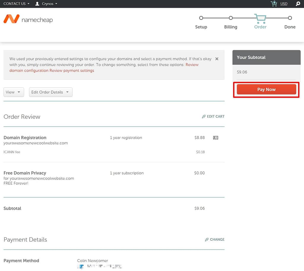 Confirm your Namecheap domain order