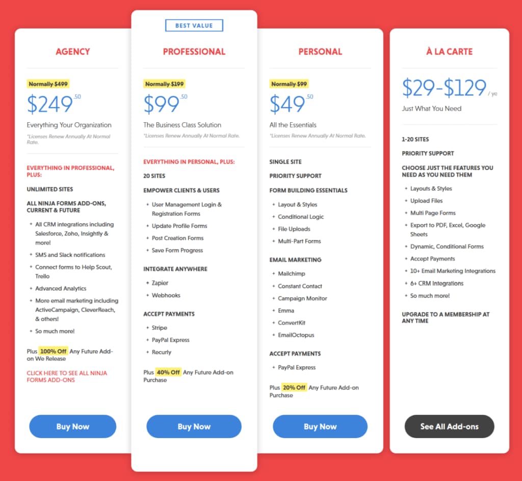 Ninja Forms pricing
