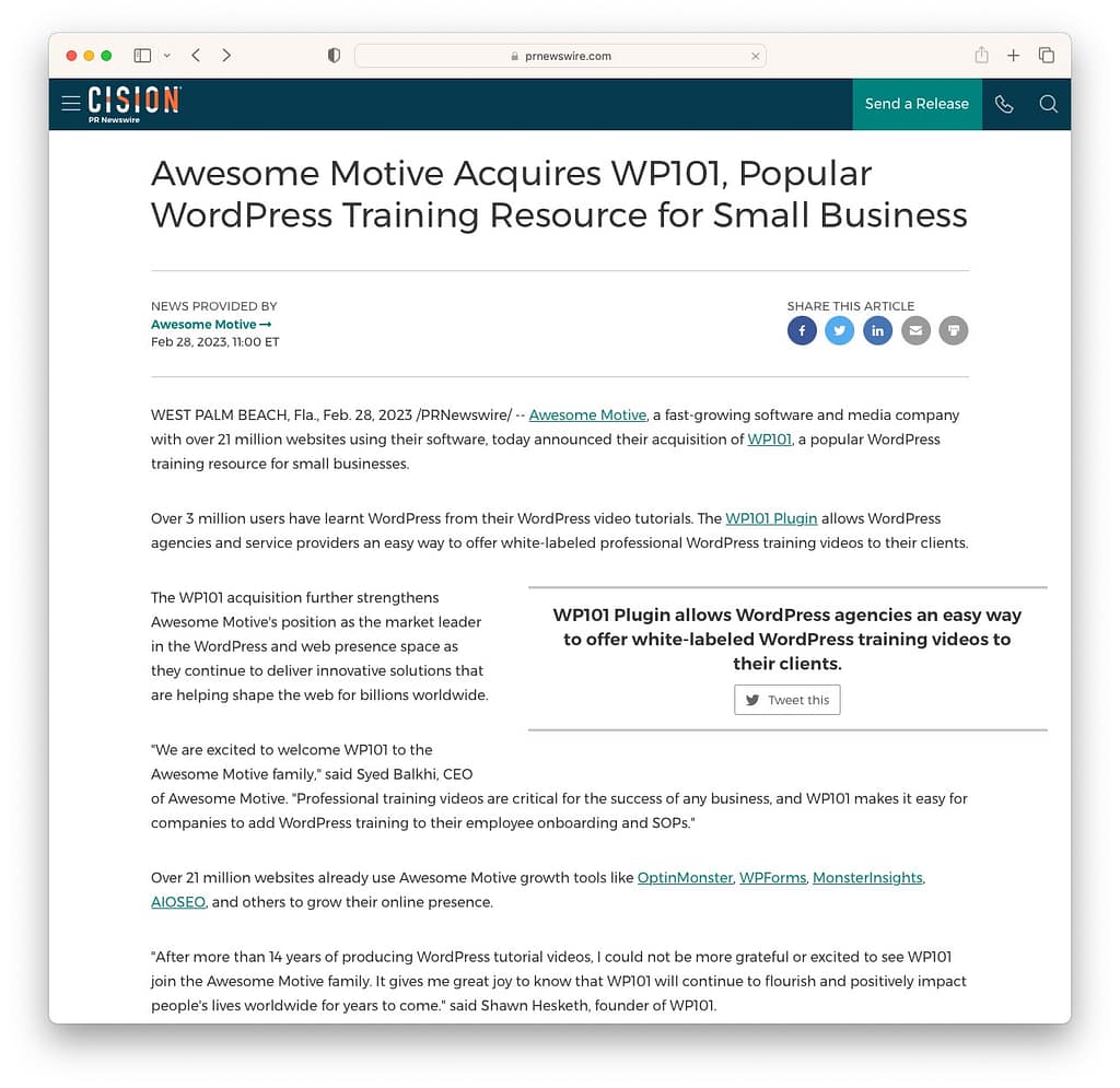Awesome Motive acquires WP101