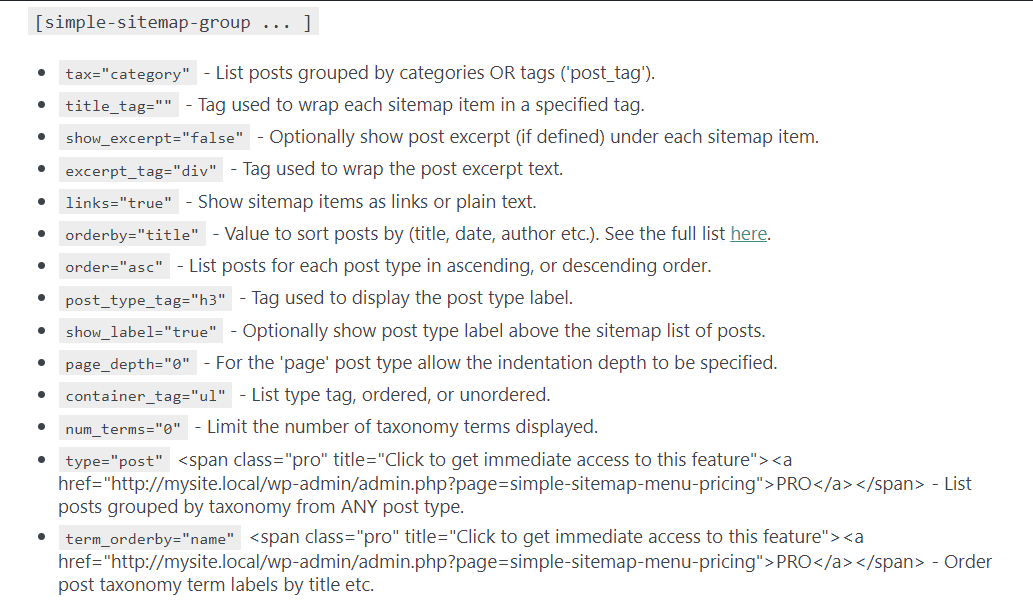 Shortcode attributes for the WordPress HTML sitemap.