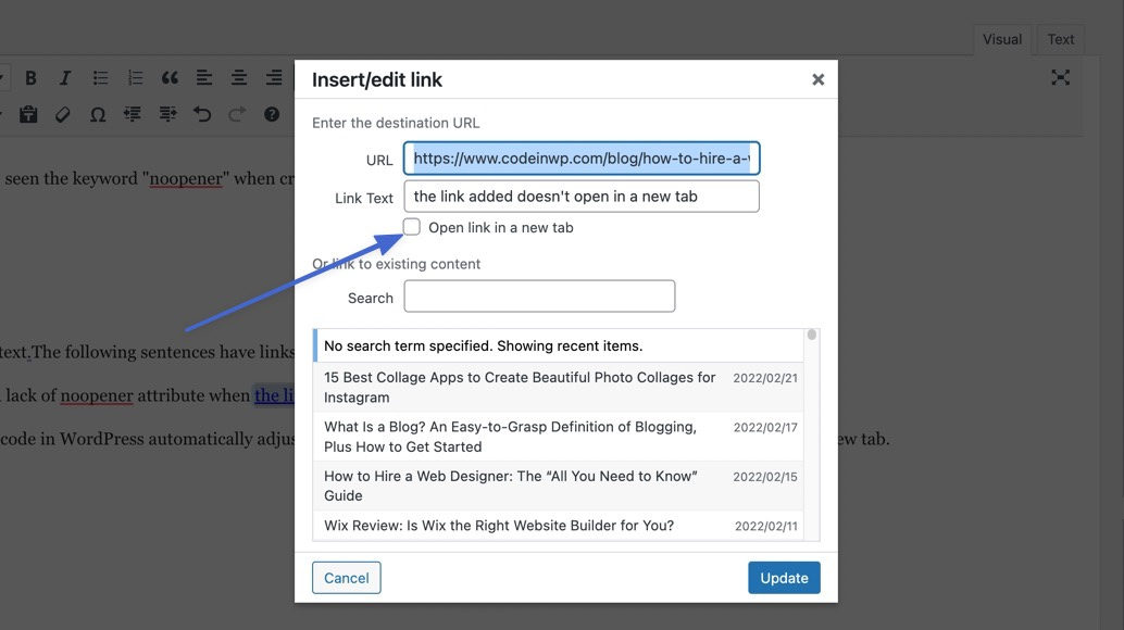 empty checkbox before adding noopener