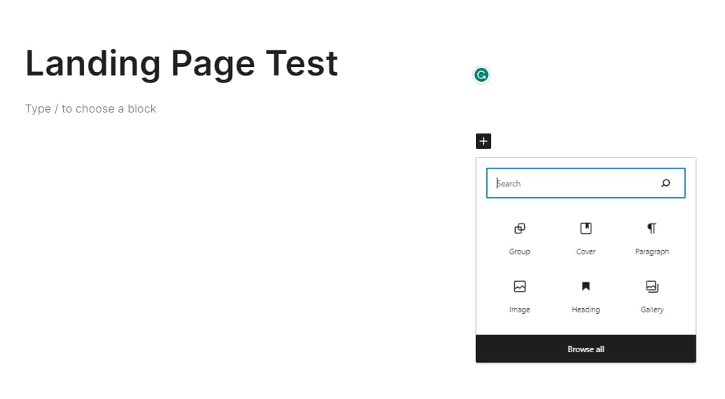 WordPress block editor with block menu open.