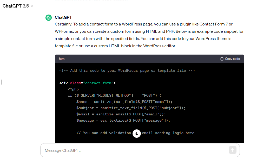 Using ChatGPT to generate code snippets.