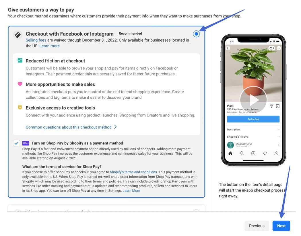 checkout with Facebook or instagram