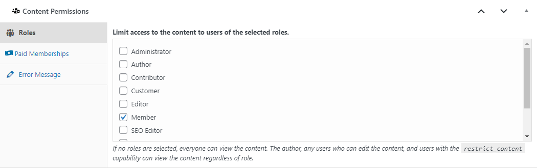 Selecting the Member as the role with content permissions.