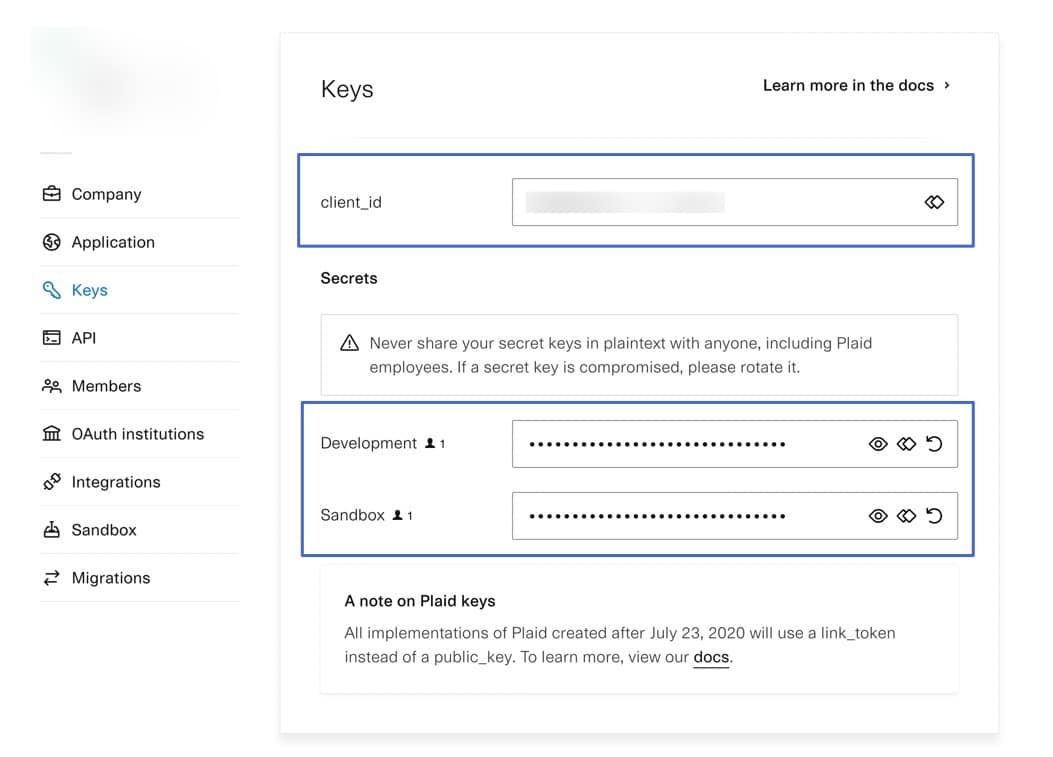 get keys in plaid to accept ACH payments