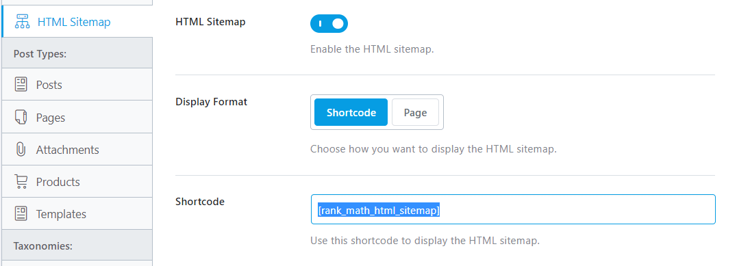 Copying the WordPress HTML sitemap in Rank Math.