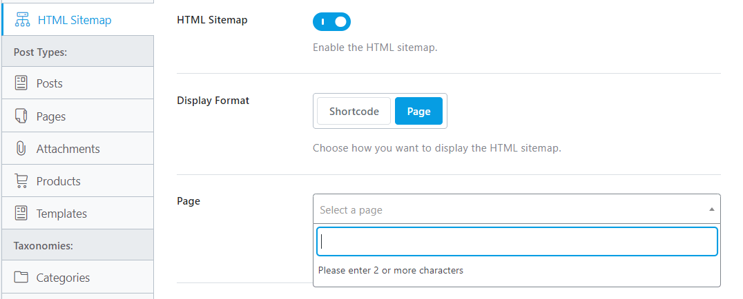 Selecting page as display format in Rank Math.