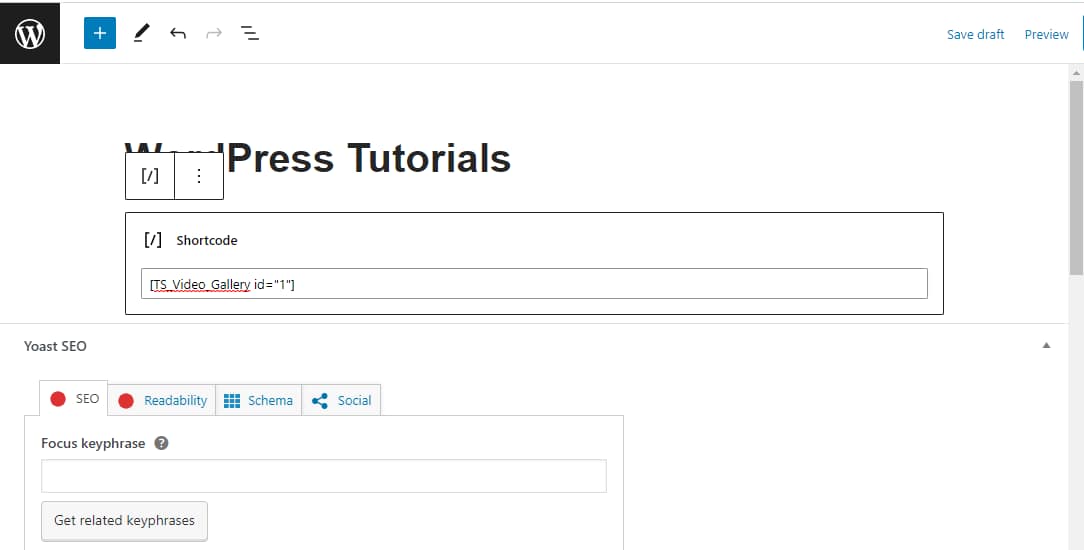 Adding the Video Gallery shortcode to a WordPress page.