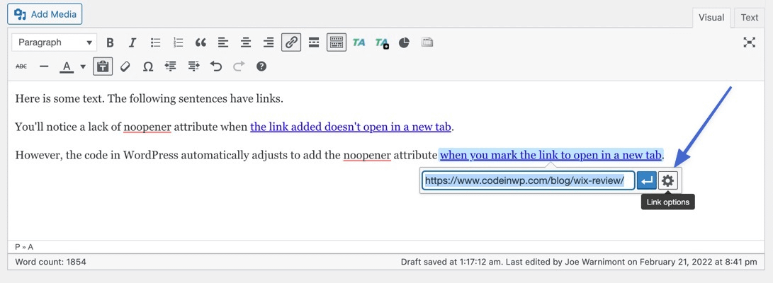 link options to find noopener