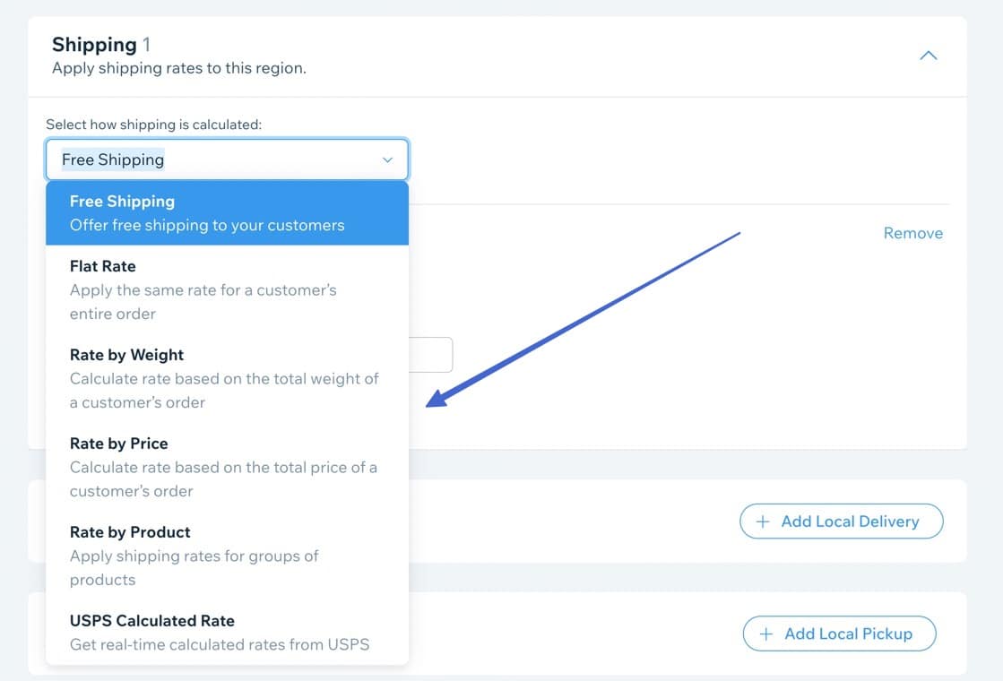 free shipping and other options