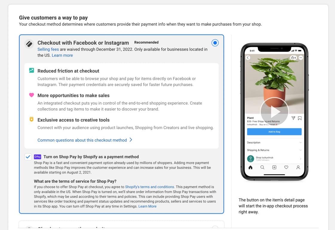 checkout on Facebook to sell