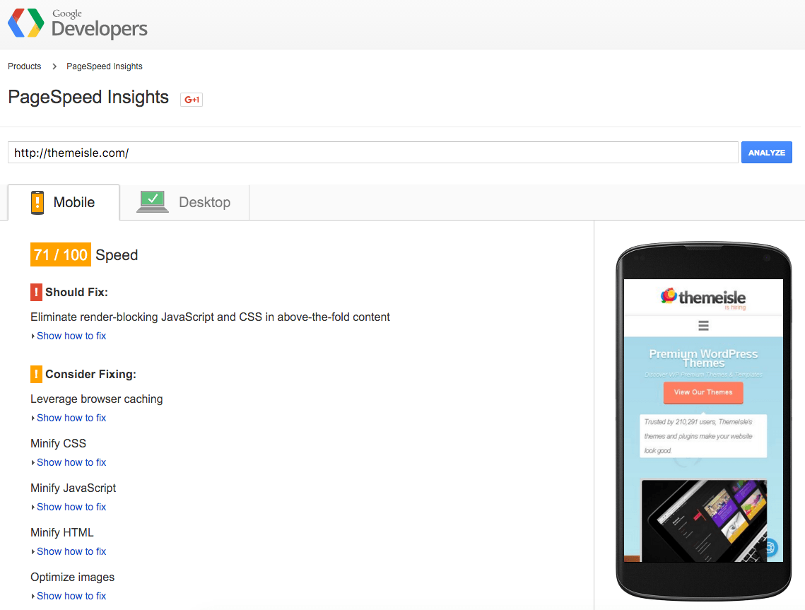 Themeisle PageSpeed results