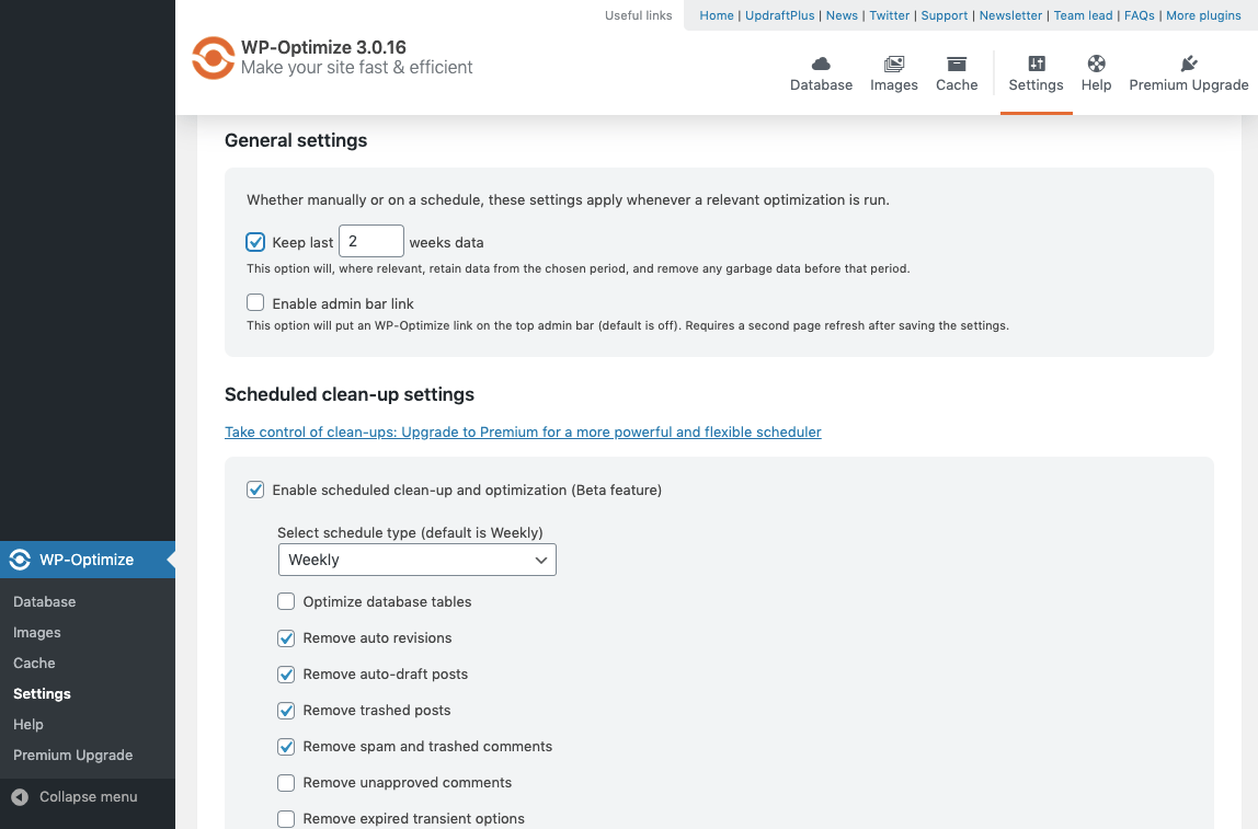 WP-Optimize Schedule Database Cleanup
