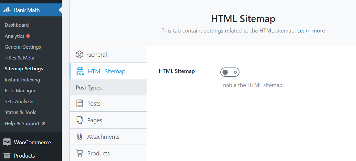 Enabling the WordPress HTML sitemap in Rank Math.