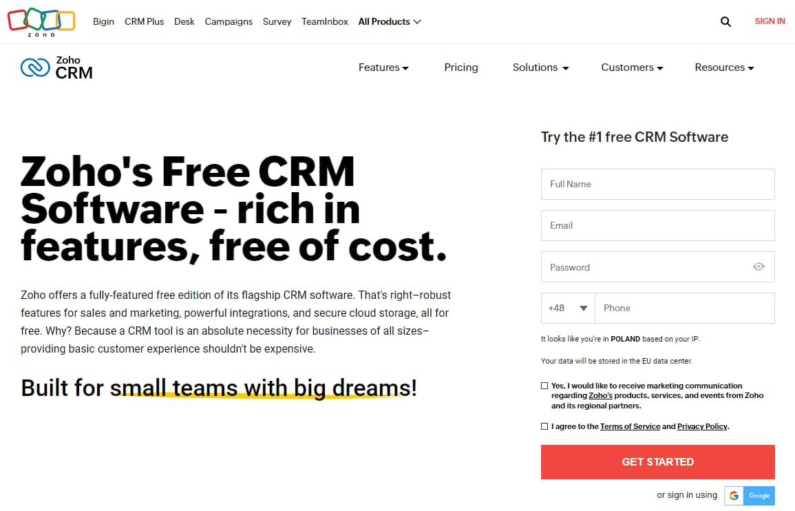 Zoho CRM landing page.