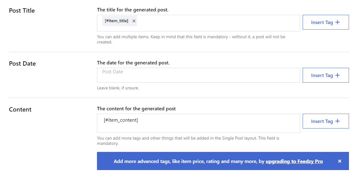 Configuring post settings in Feedzy.