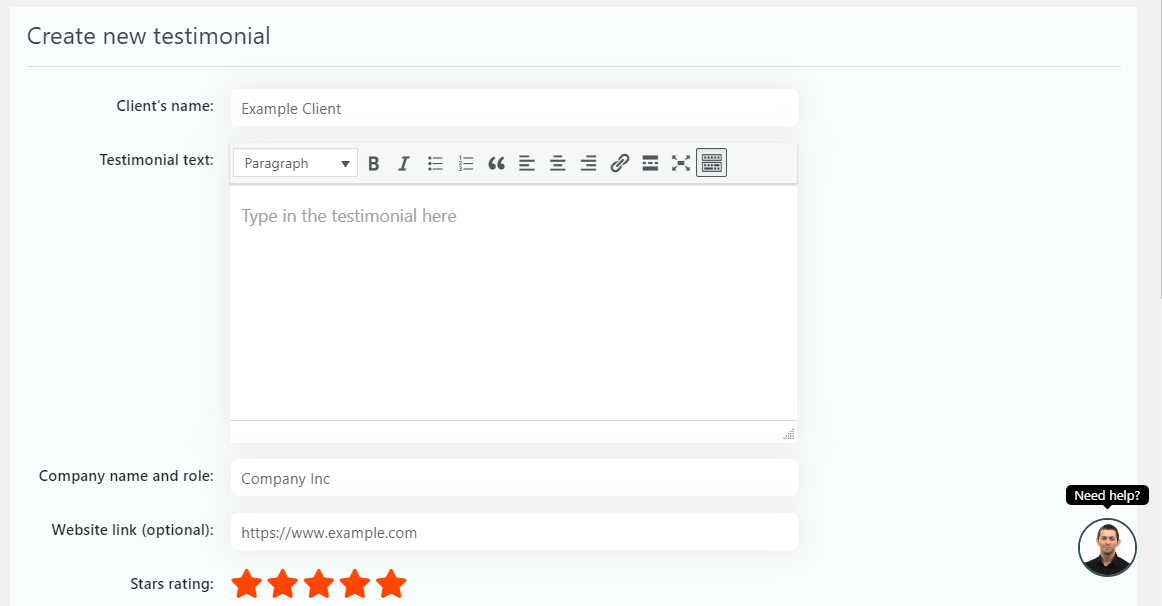 Creating a testimonial in Stars Testimonials