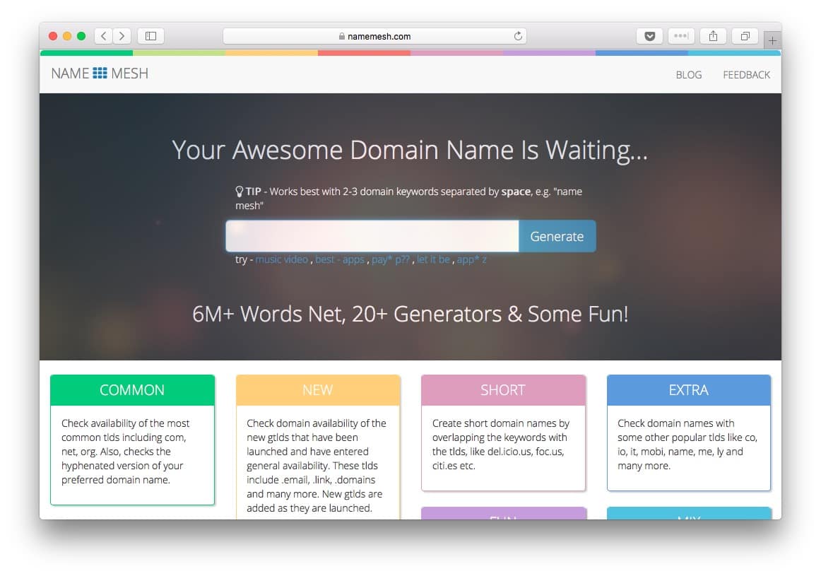 NameMesh has a great number of categories making it one of the best domain name generators available on the internet
