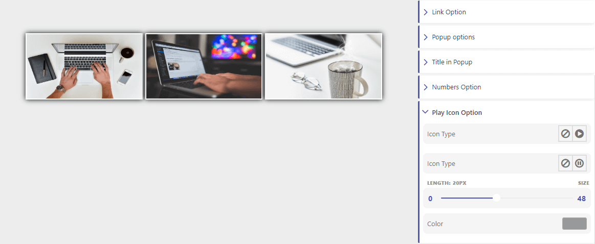 Configuring the play icons for the video gallery.