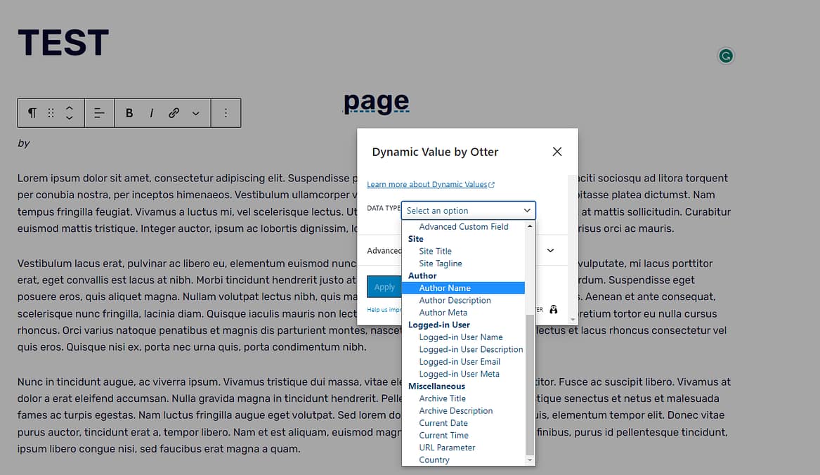 WordPress dynamic content: Dynamic Value Data Type menu with "Author Name" highlighted