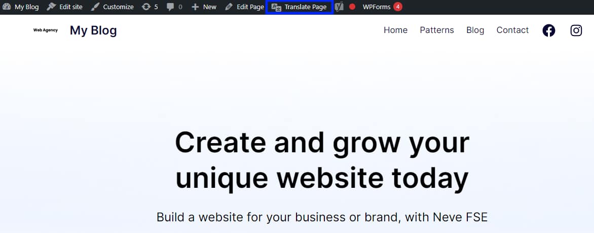 The Translate Page option in the admin menu for a WordPress site with TranslatePress installed.