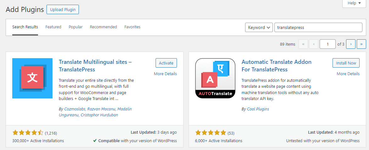 Installing TranslatePress to create a multilingual WordPress site.
