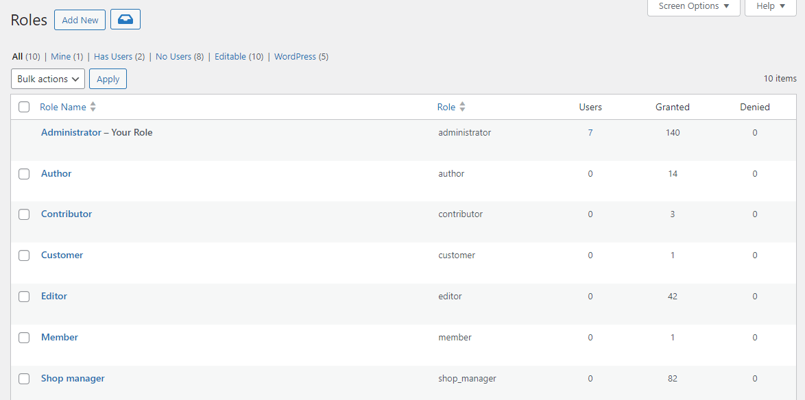 The Roles page on WordPress.