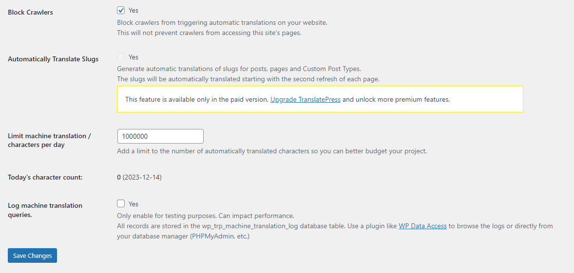 Configuring the engine settings for the automatic translation.