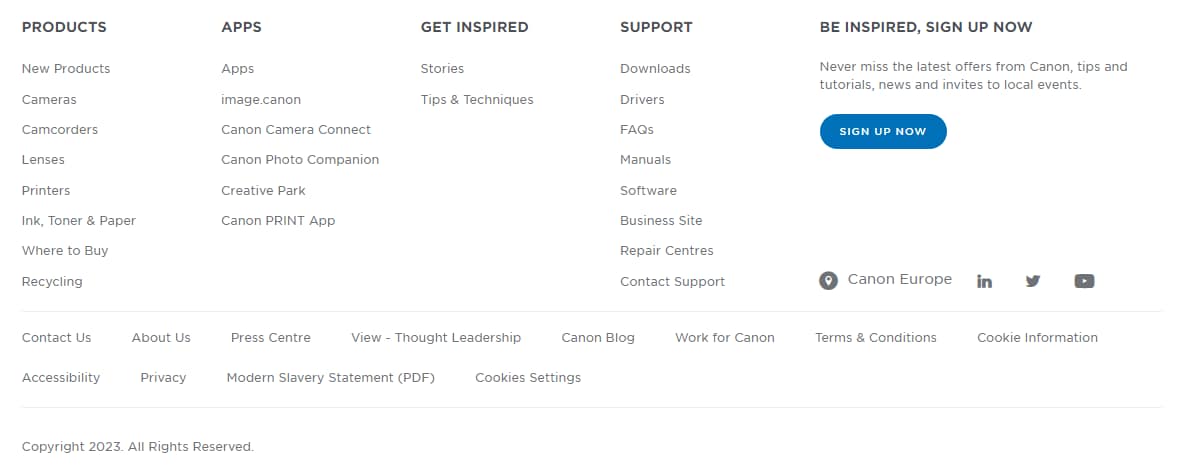 A sitemap on the Canon website.