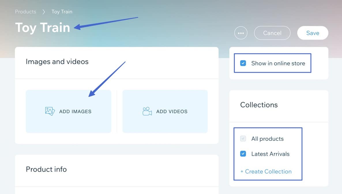 product page for wix