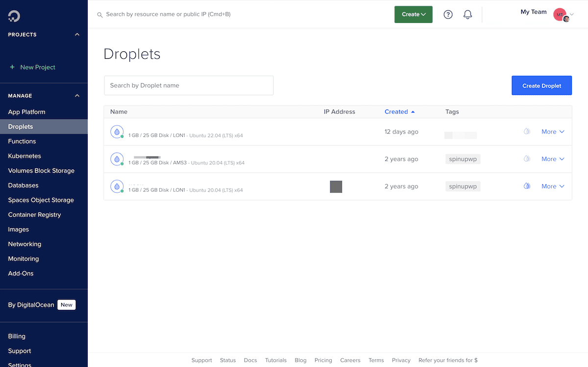 The DigitalOcean dashboard.