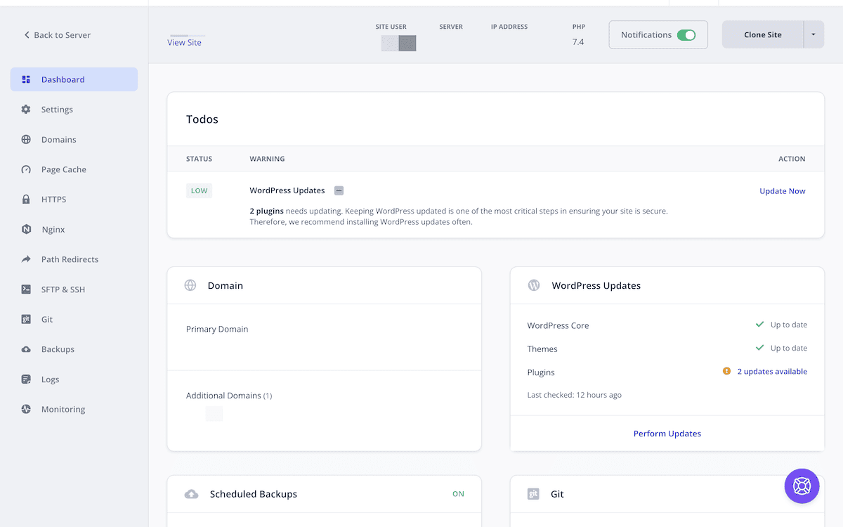 The SpinupWP dashboard.