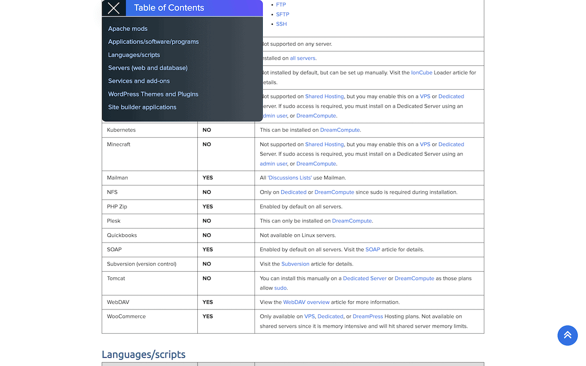 The Supported Tech page in DreamHost's website.