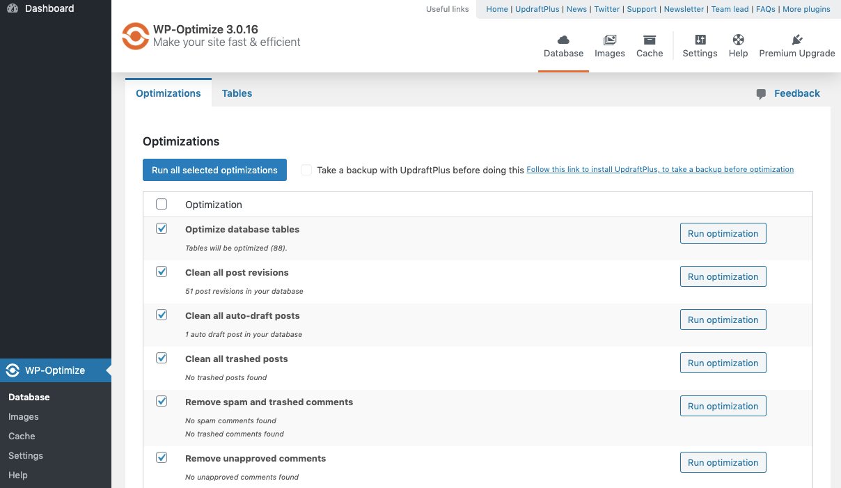 WP-Optimize Database Optimizations