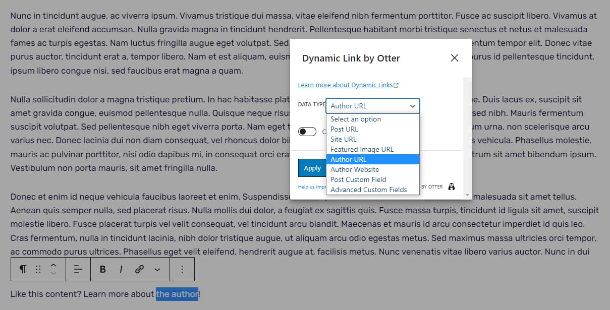 WordPress dynamic content: dynamic link data set menu with "Author URL" highlighted.