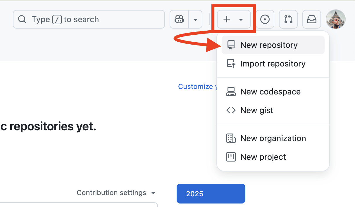 Adding a new repository inside GitHub.