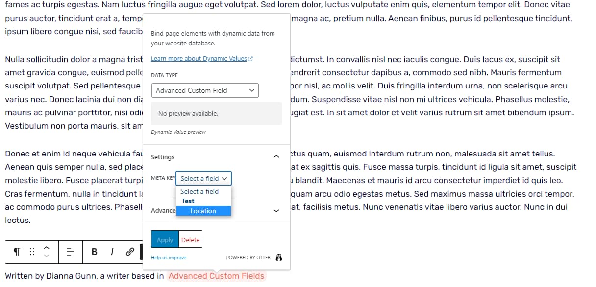 Data type menu with "Location" highlighted.