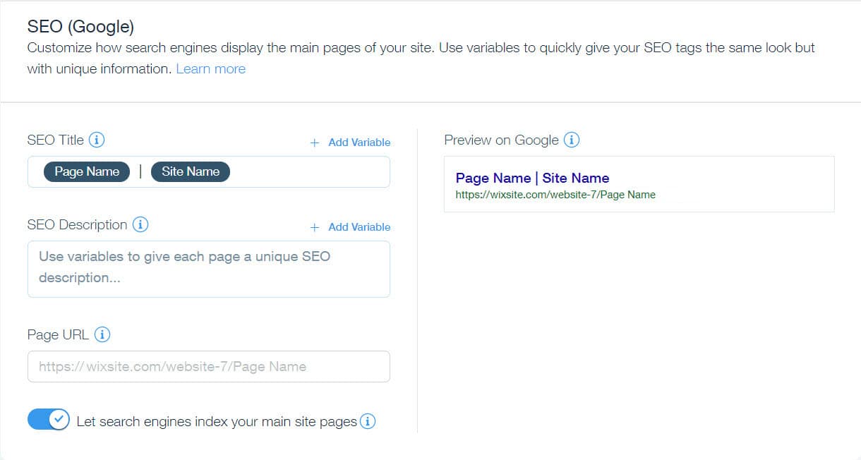 Wix SEO metadata section
