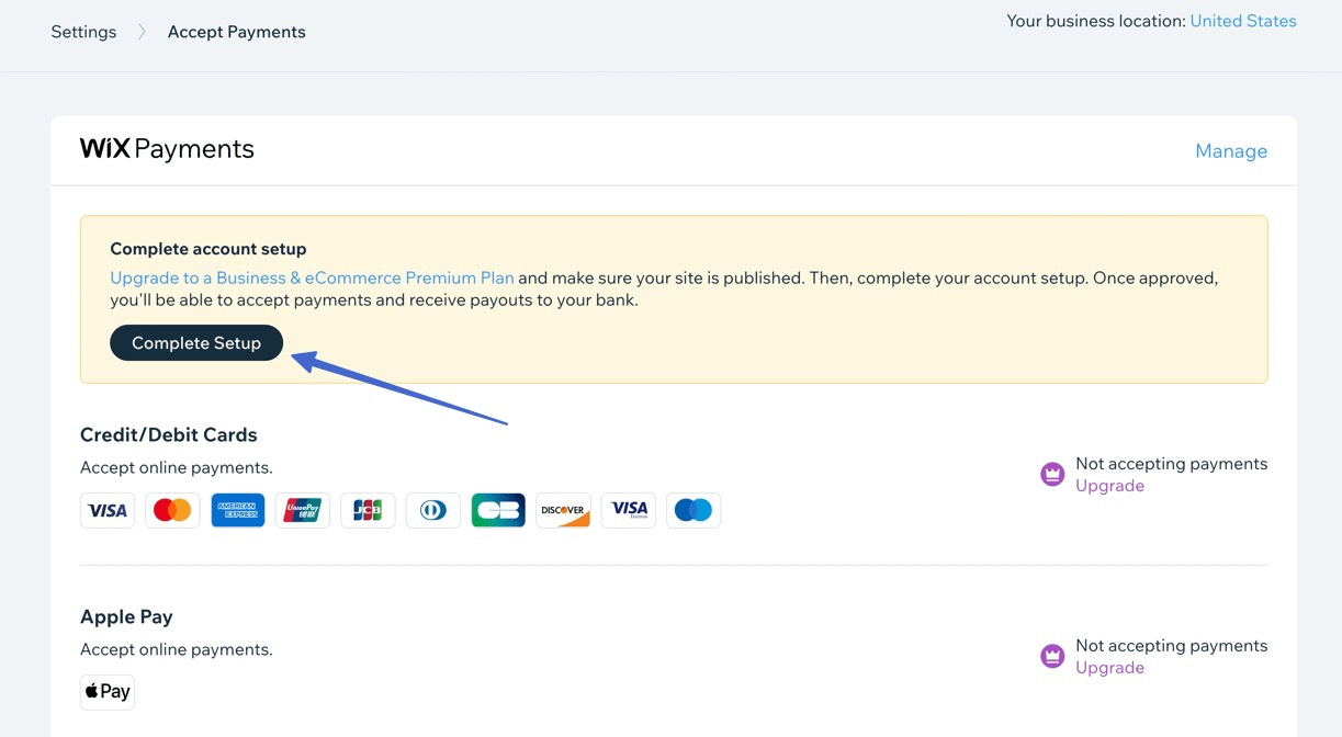 complete setup in Wix payments